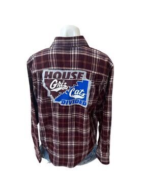 Bobcat Griz House Divided Plaid Flannel Shirt SMALL Unique Football Montana